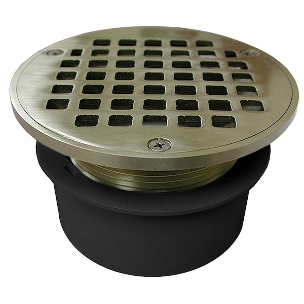 Jones Stephens 4in. PVC Inside Pipe Fit Drain Base with 3in. Metal Spud and 5in. Nickel Bronze Strainer D53310 - main